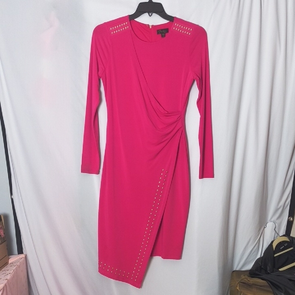 Thalia Sodi Fuchsia Long Sleeve Dress Size 6 With Gold Studded Accents. In - Picture 3 of 11